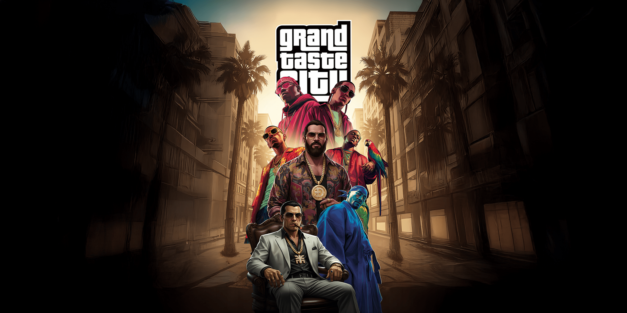 Gamme d'e-liquides Grand Taste City par Cloud Vapor - Univers inspiré de GTA Vice City avec personnages et ambiance urbaine.